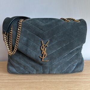 Saint Laurent Loulou Medium YSL Monogram Suede Flap Shoulder Bag Algae green